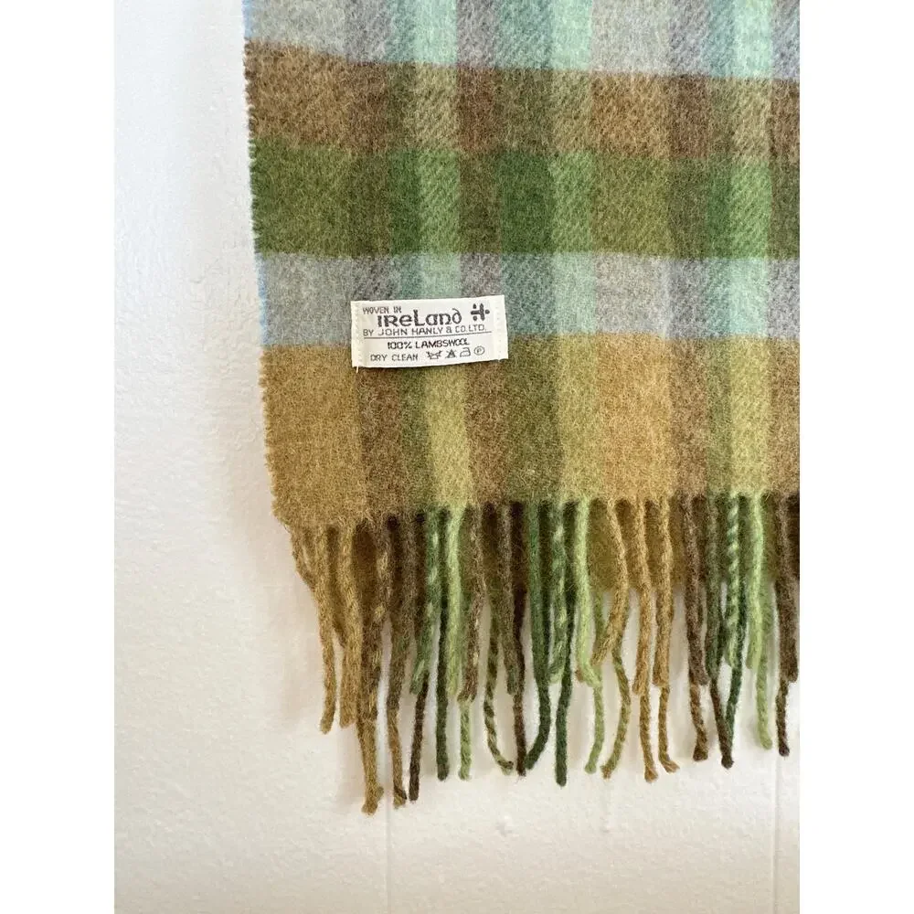 John Hanly Ireland 100% Pure Lambswool Plaid Fringe Scarf Green Ochre Woolen